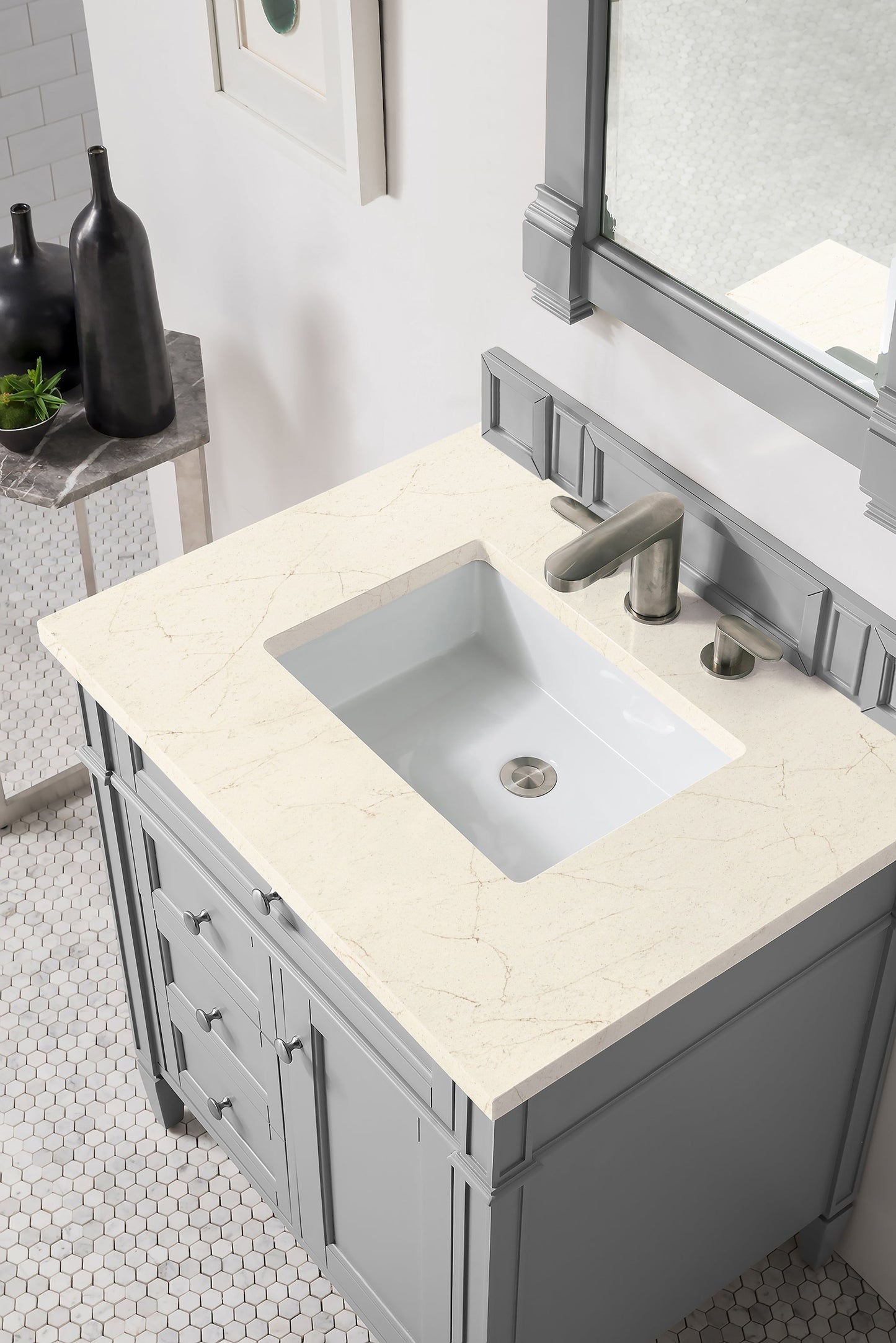 
                  
                    Brittany 30" Single Bathroom Vanity in Urban Gray Single Bathroom Vanity James Martin Vanities Eternal Marfil Silestone 
                  
                