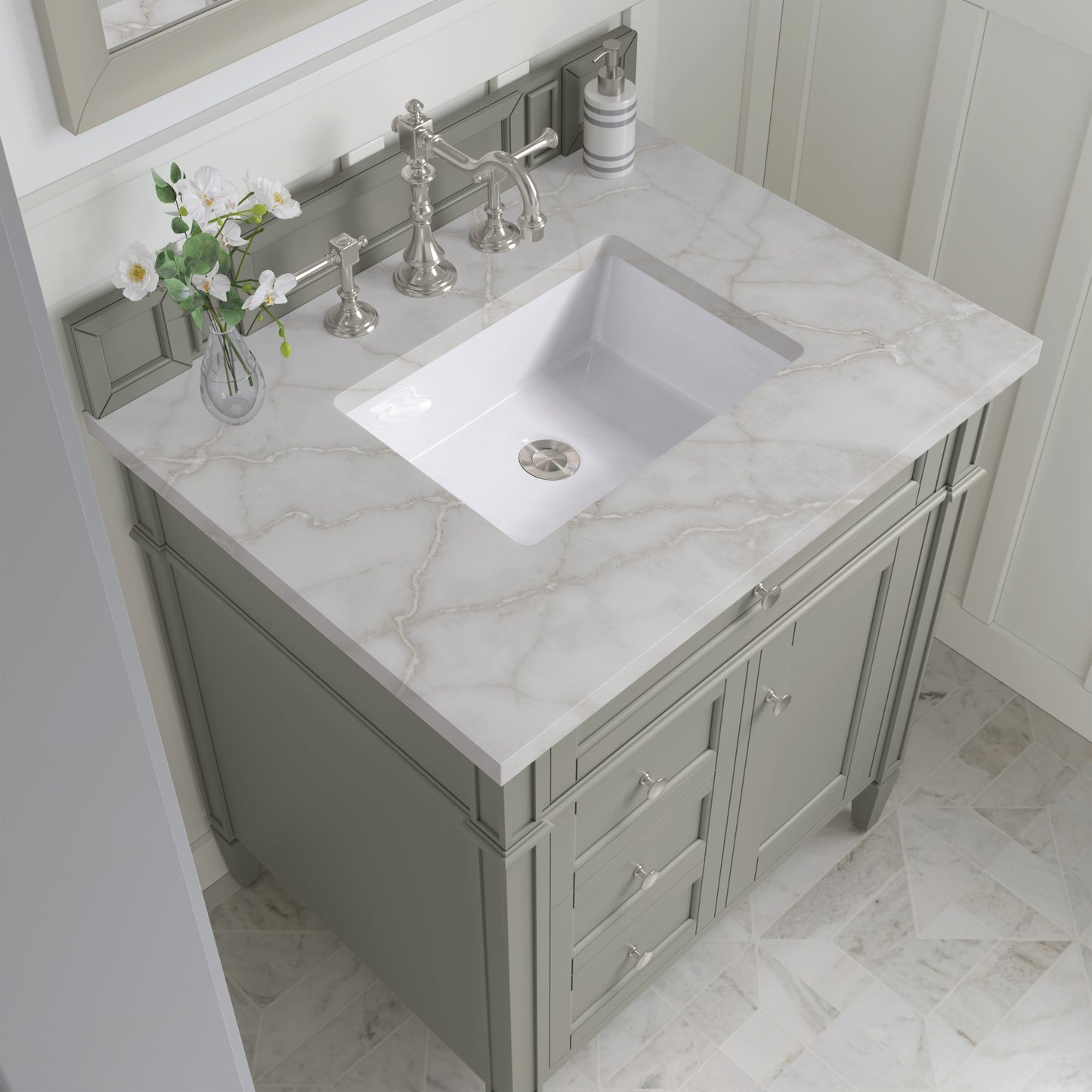 
                  
                    Brittany 30" Single Bathroom Vanity in Urban Gray Single Bathroom Vanity James Martin Vanities Victorian Silver Silestone 
                  
                