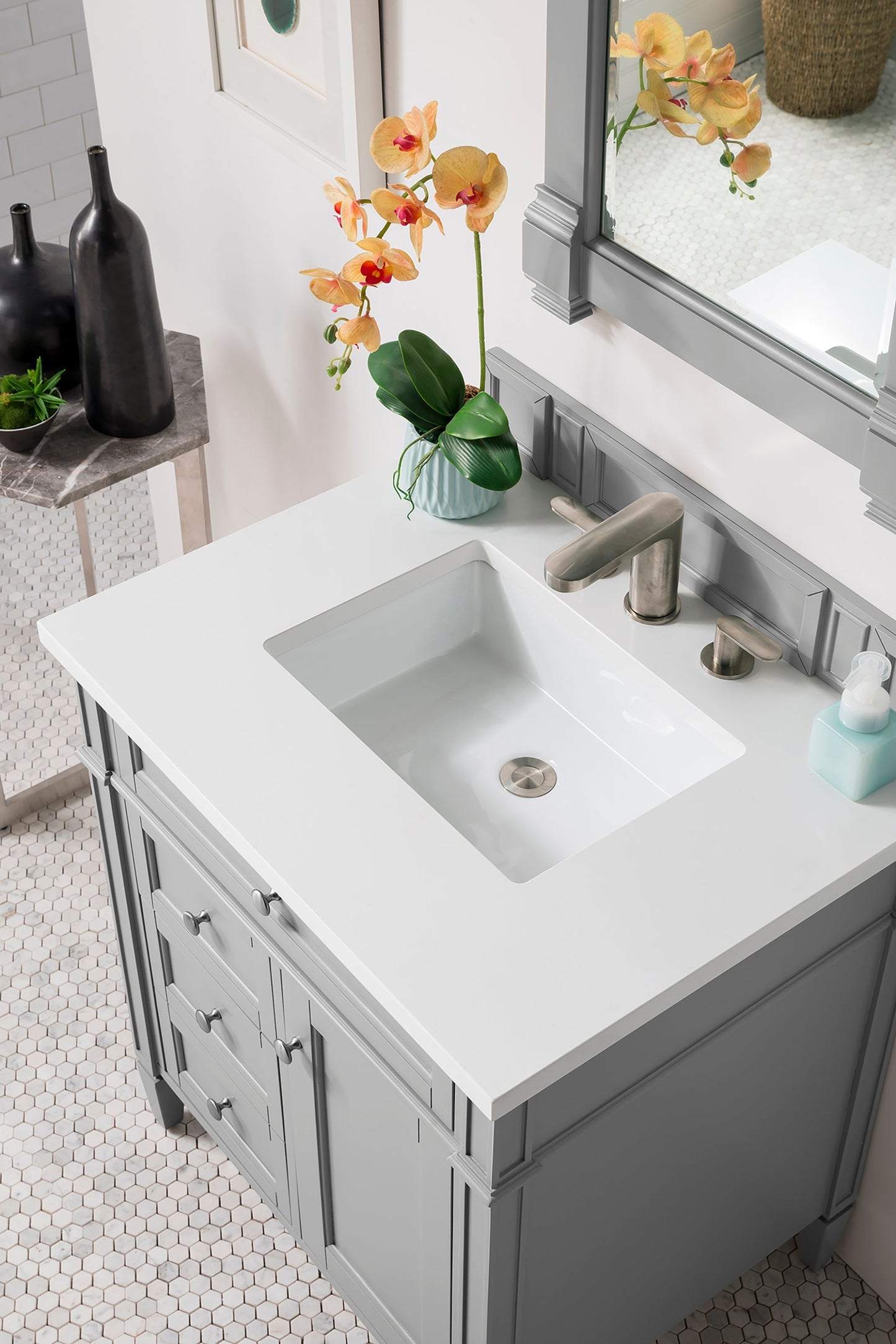 
                  
                    Brittany 30" Single Bathroom Vanity in Urban Gray Single Bathroom Vanity James Martin Vanities White Zeus Silestone 
                  
                