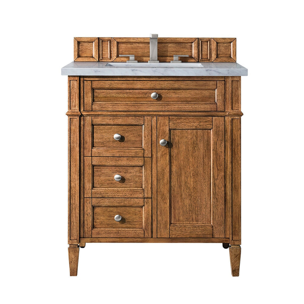 
                  
                    Brittany 30" Single Vanity Cabinet in Saddle Brown Single Bathroom Vanity James Martin Vanities Eternal Jasmine Pearl Silestone 
                  
                