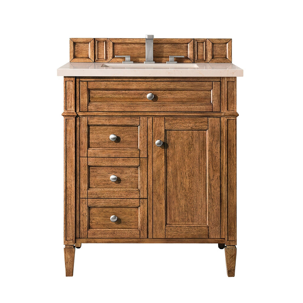 
                  
                    Brittany 30" Single Vanity Cabinet in Saddle Brown Single Bathroom Vanity James Martin Vanities Eternal Marfil Silestone 
                  
                