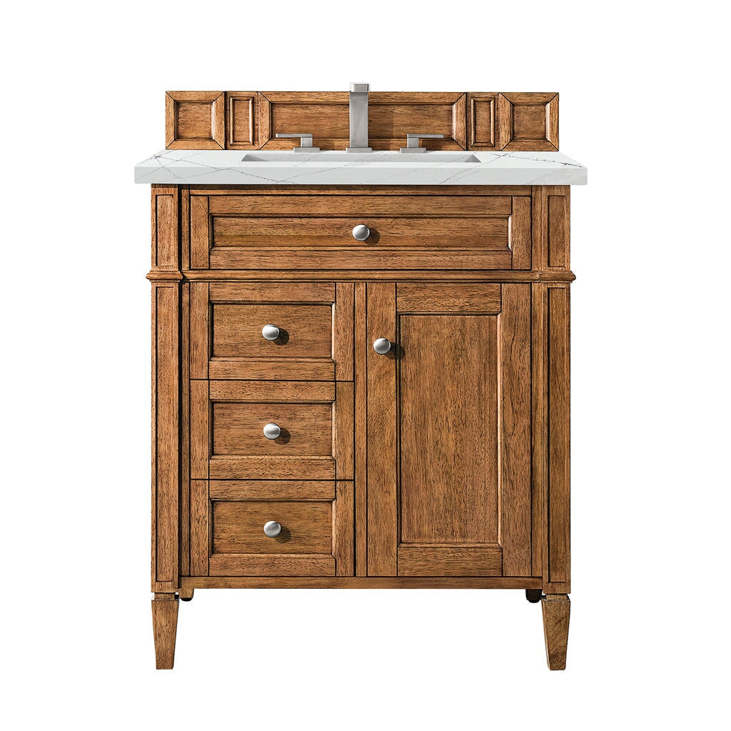 
                  
                    Brittany 30" Single Vanity Cabinet in Saddle Brown Single Bathroom Vanity James Martin Vanities Ethereal Noctis Silestone 
                  
                