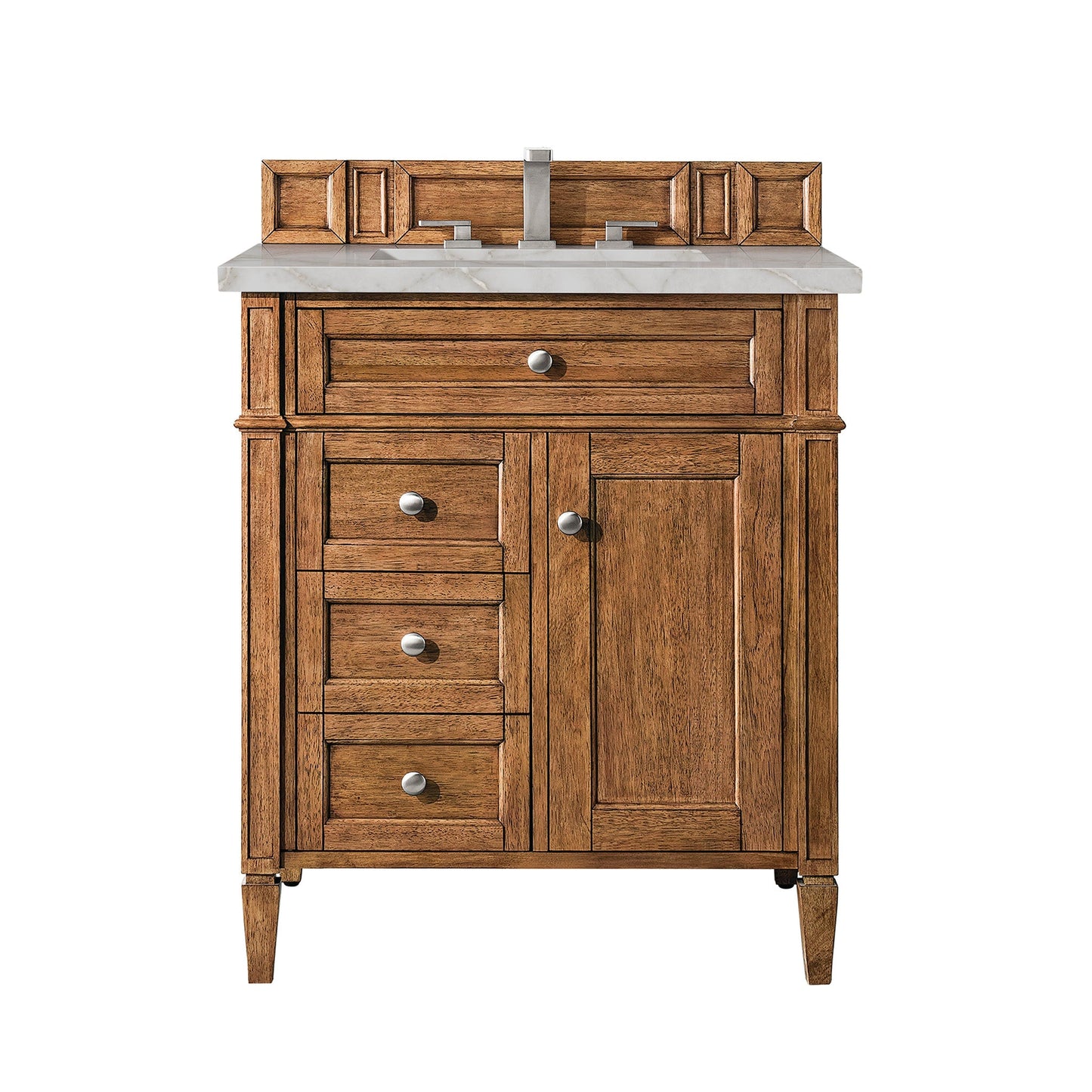 
                  
                    Brittany 30" Single Vanity Cabinet in Saddle Brown Single Bathroom Vanity James Martin Vanities Victorian Silver Silestone 
                  
                