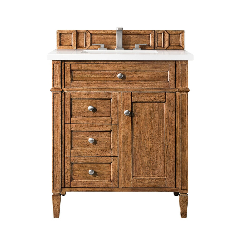 
                  
                    Brittany 30" Single Vanity Cabinet in Saddle Brown Single Bathroom Vanity James Martin Vanities White Zeus Silestone 
                  
                