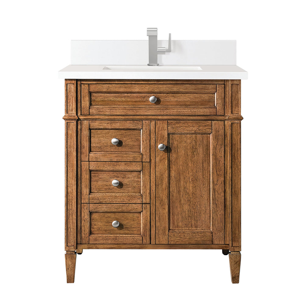 
                  
                    Brittany 30" Single Vanity Cabinet in Saddle Brown Single Bathroom Vanity James Martin Vanities White Zeus Single Faucet Silestone Top w/Backsplash 
                  
                