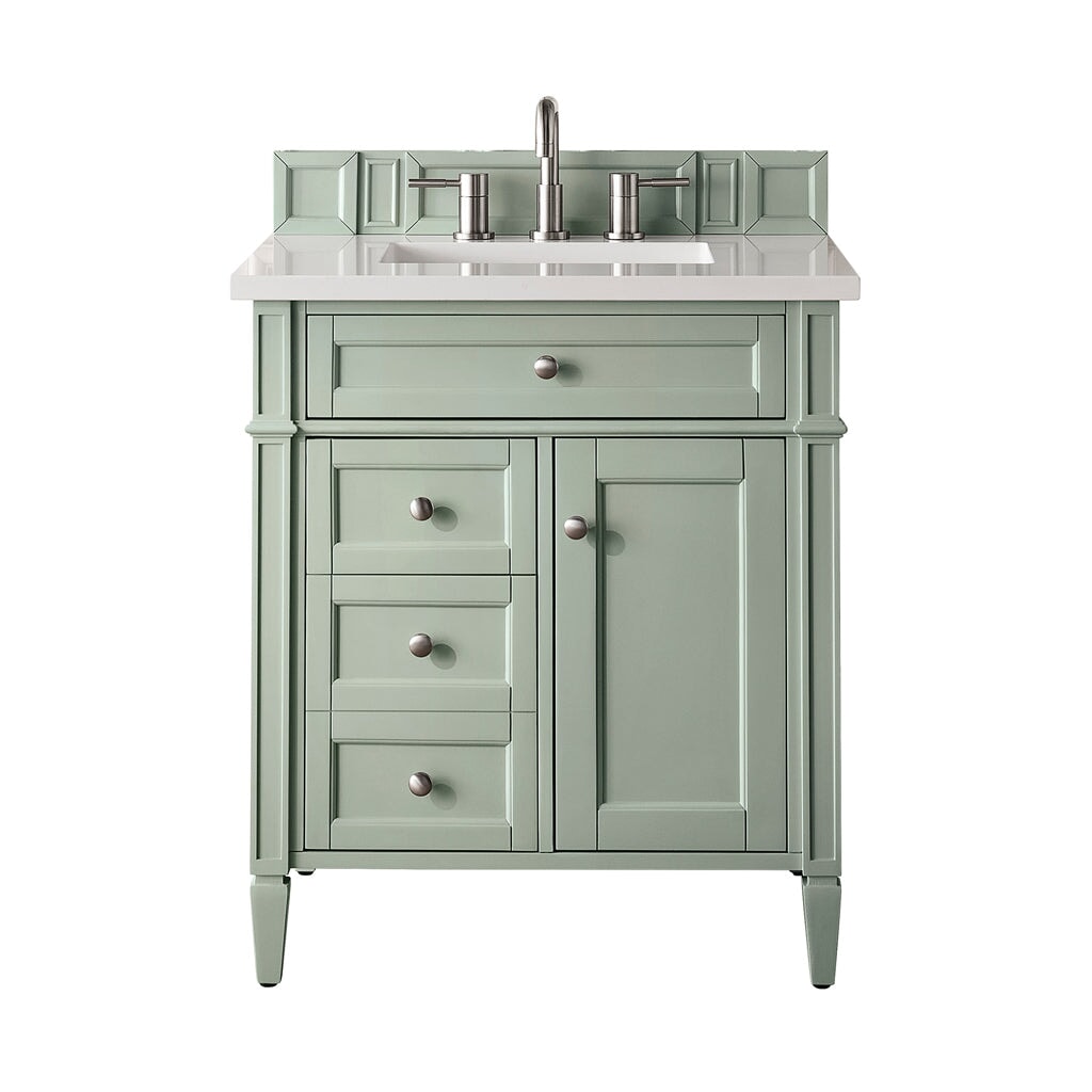 
                  
                    Brittany 30" Single Vanity Cabinet, Sage Green Single Bathroom Vanity James Martin Vanities White Zeus Silestone 
                  
                