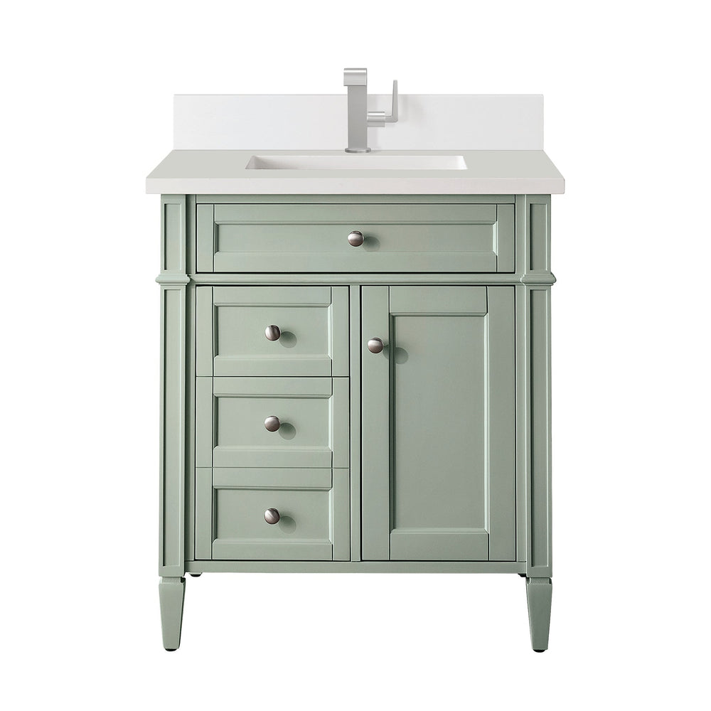 
                  
                    Brittany 30" Single Vanity Cabinet, Sage Green Single Bathroom Vanity James Martin Vanities White Zeus Single Faucet Silestone Top w/Backsplash 
                  
                