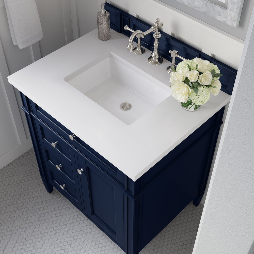 
                  
                    Brittany 30" Single Vanity in Victory Blue Single Bathroom Vanity James Martin Vanities White Zeus Silestone 
                  
                