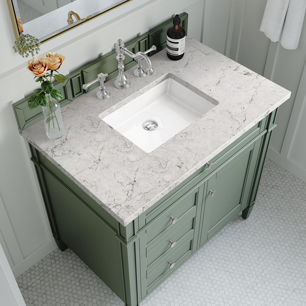 
                  
                    Brittany 36" Single Bathroom Vanity in Smokey Celadon Single Bathroom Vanity James Martin Vanities Eternal Jasmine Pearl Silestone 
                  
                