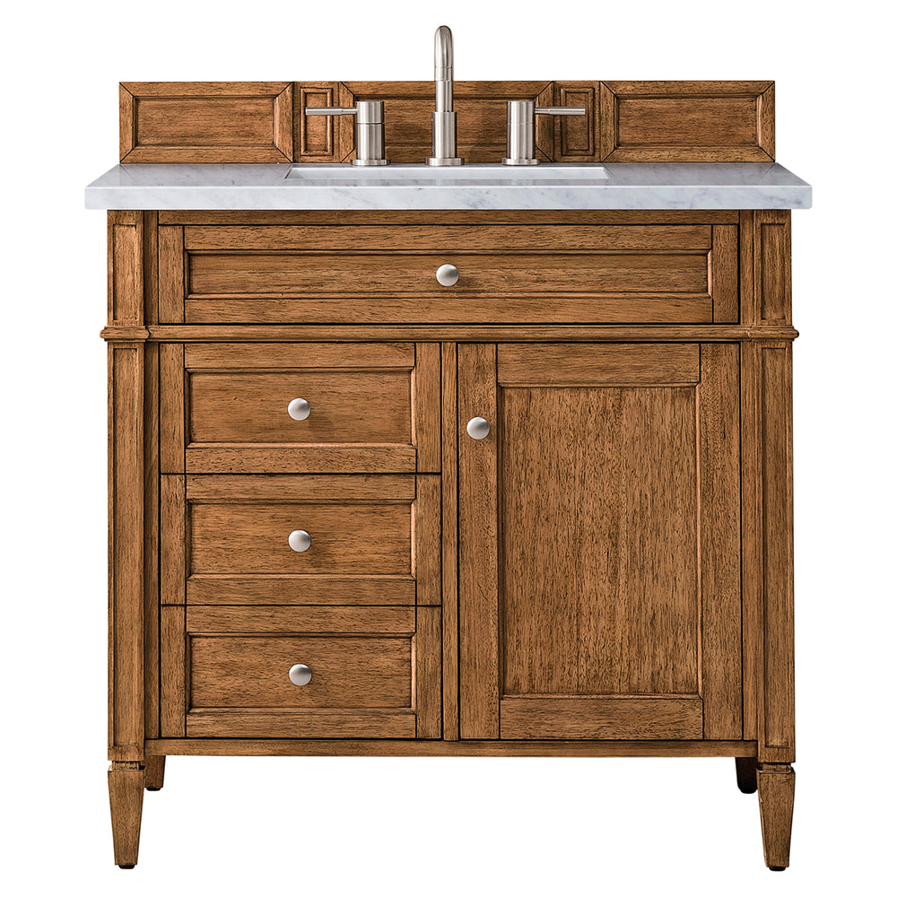 
                  
                    Brittany 36" Single Vanity Cabinet in Saddle Brown Single Bathroom Vanity James Martin Vanities Carrara White Marble 
                  
                