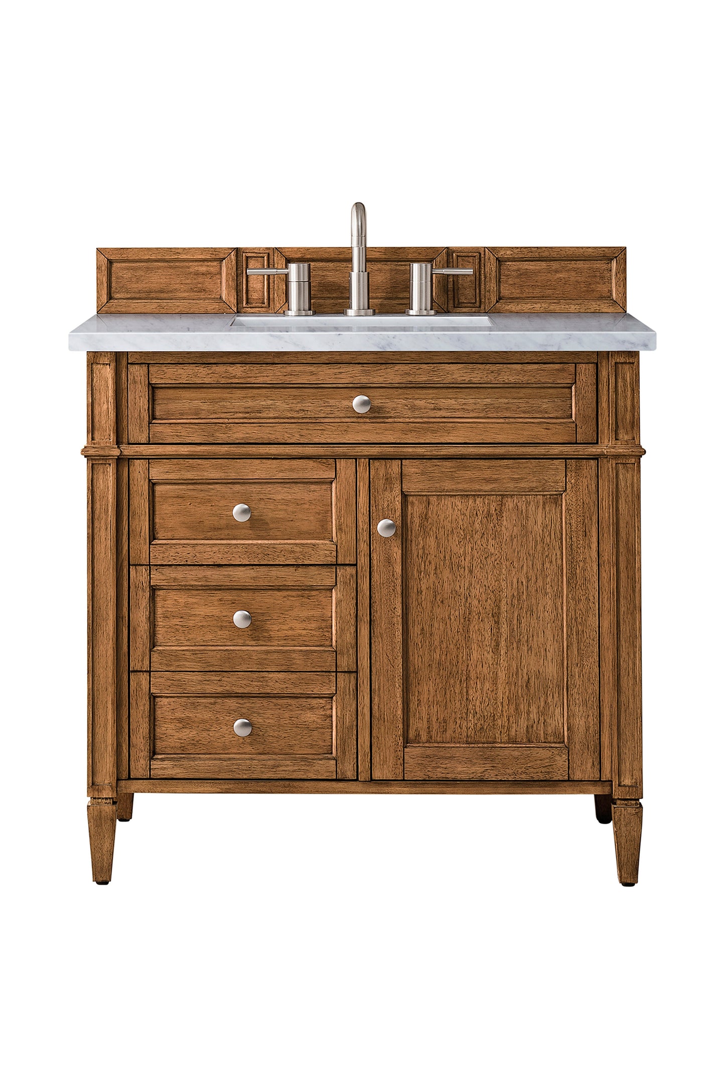 
                  
                    Brittany 36" Single Vanity Cabinet in Saddle Brown Single Bathroom Vanity James Martin Vanities Carrara White Marble 
                  
                