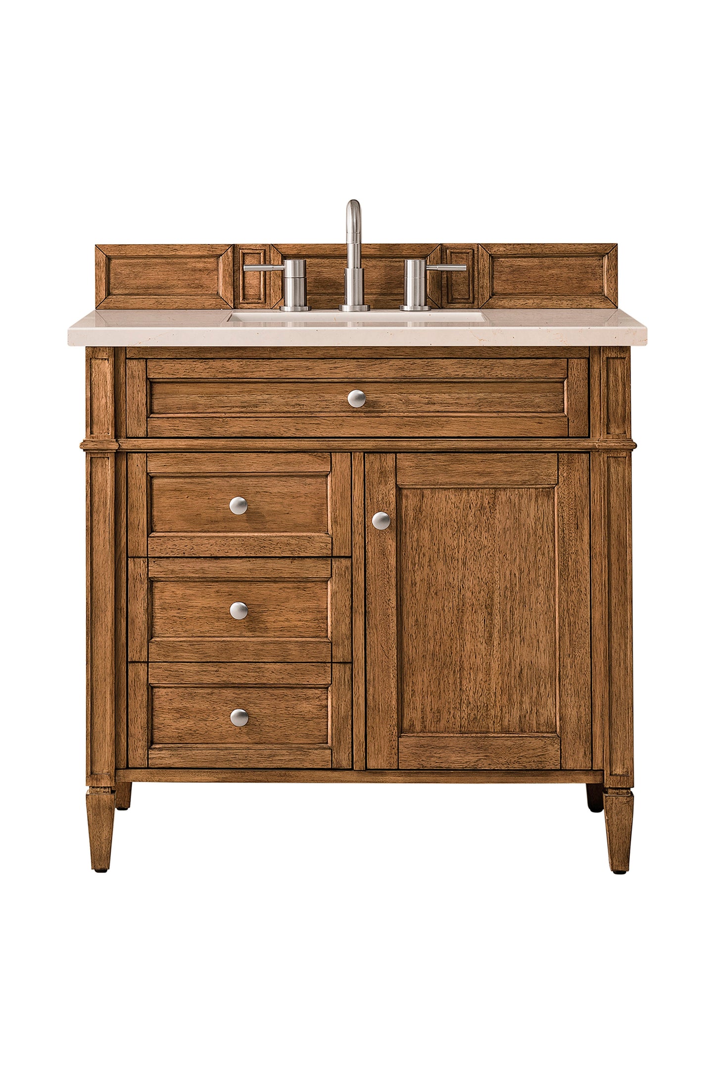 
                  
                    Brittany 36" Single Vanity Cabinet in Saddle Brown Single Bathroom Vanity James Martin Vanities Eternal Marfil Silestone 
                  
                