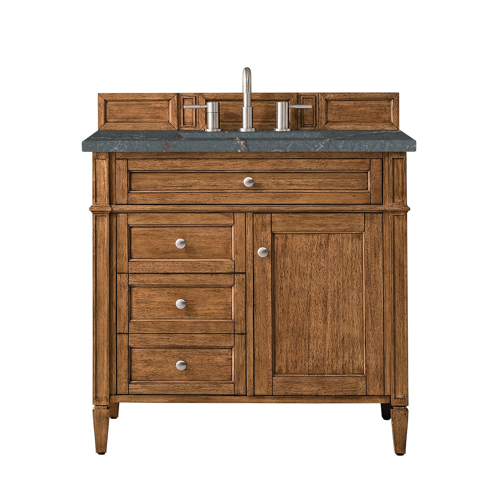 
                  
                    Brittany 36" Single Vanity Cabinet in Saddle Brown Single Bathroom Vanity James Martin Vanities Parisien Bleu Silestone 
                  
                