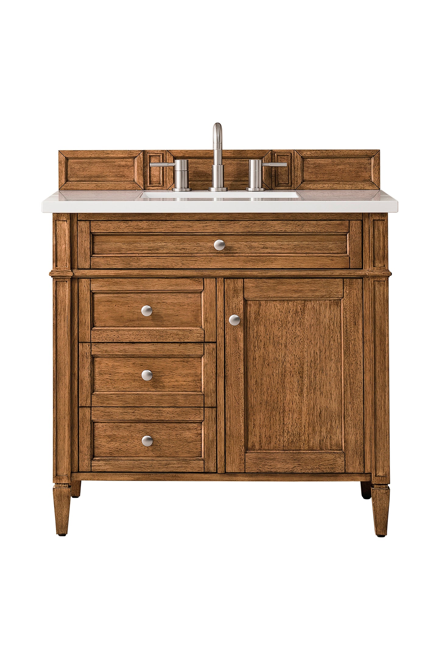 
                  
                    Brittany 36" Single Vanity Cabinet in Saddle Brown Single Bathroom Vanity James Martin Vanities White Zeus Silestone 
                  
                