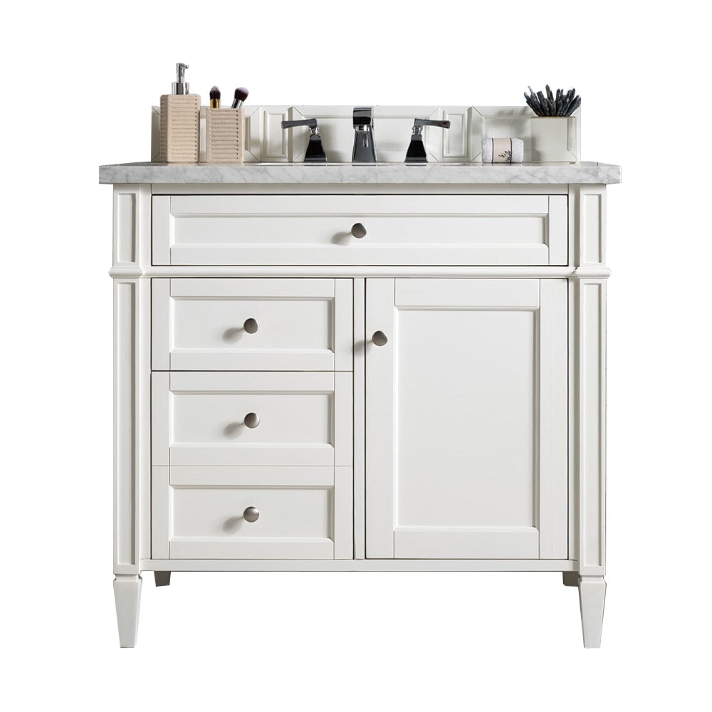 
                  
                    Brittany 36"Single Bathroom Vanity in Bright White Single Bathroom Vanity James Martin Vanities Eternal Jasmine Pearl Silestone 
                  
                