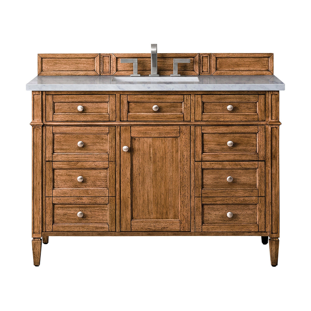 
                  
                    Brittany 48" Single Vanity Cabinet in Saddle Brown Single Bathroom Vanity James Martin Vanities Eternal Jasmine Pearl Silestone 
                  
                