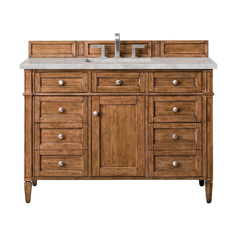 
                  
                    Brittany 48" Single Vanity Cabinet in Saddle Brown Single Bathroom Vanity James Martin Vanities Victorian Silver Silestone 
                  
                