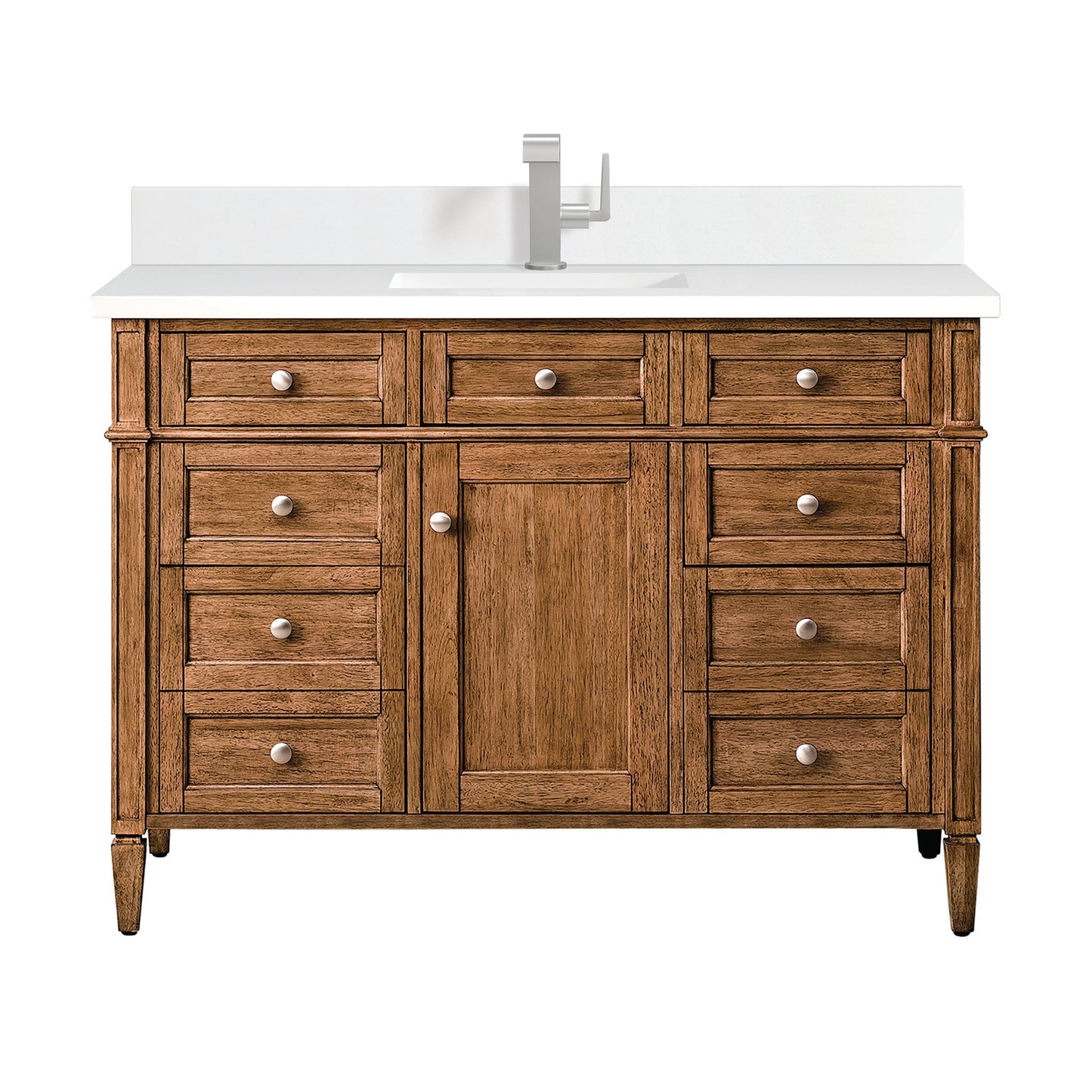 
                  
                    Brittany 48" Single Vanity Cabinet in Saddle Brown Single Bathroom Vanity James Martin Vanities White Zeus Single Faucet Silestone Top w/Backsplash 
                  
                