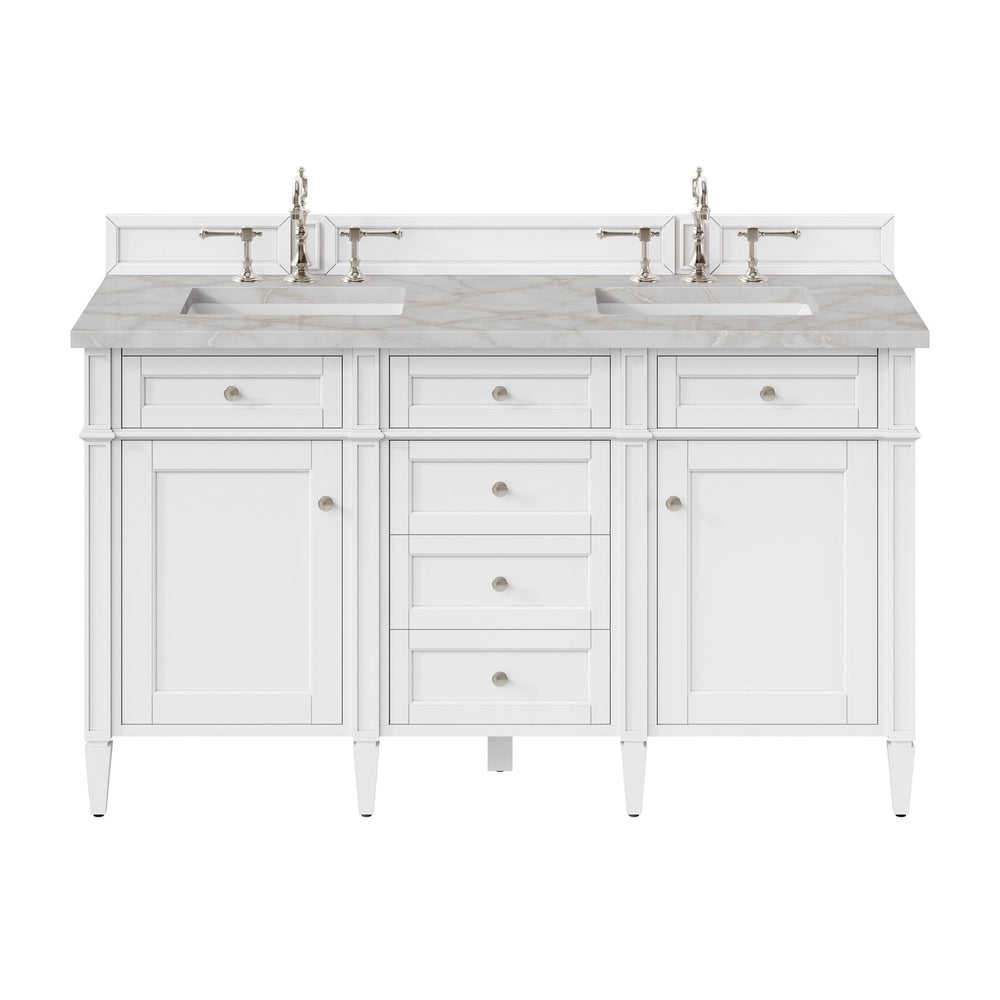 
                  
                    Brittany 60" Double Bathroom Vanity in Bright White Double bathroom Vanity James Martin Vanities Victorian Silver Silestone 
                  
                