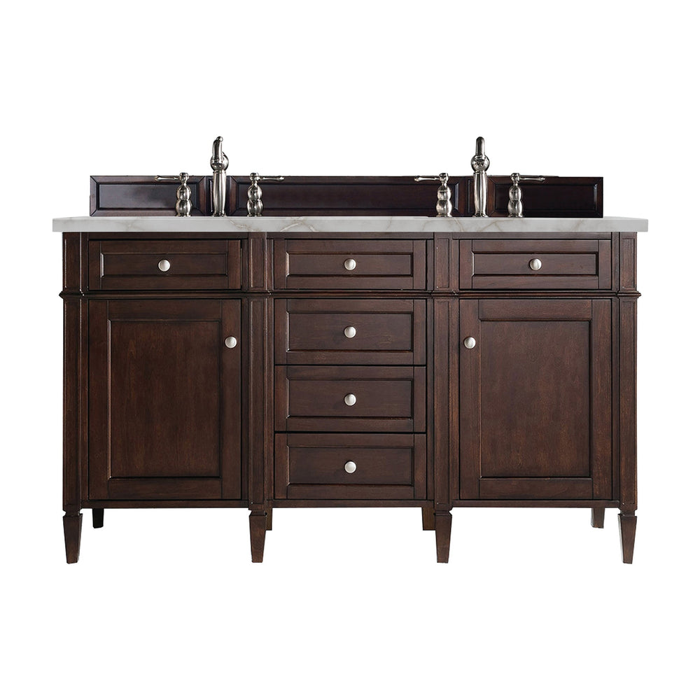 
                  
                    Brittany 60" Double Bathroom Vanity in Burnished Mahogany Double bathroom Vanity James Martin Vanities Victorian Silver Quartz 
                  
                