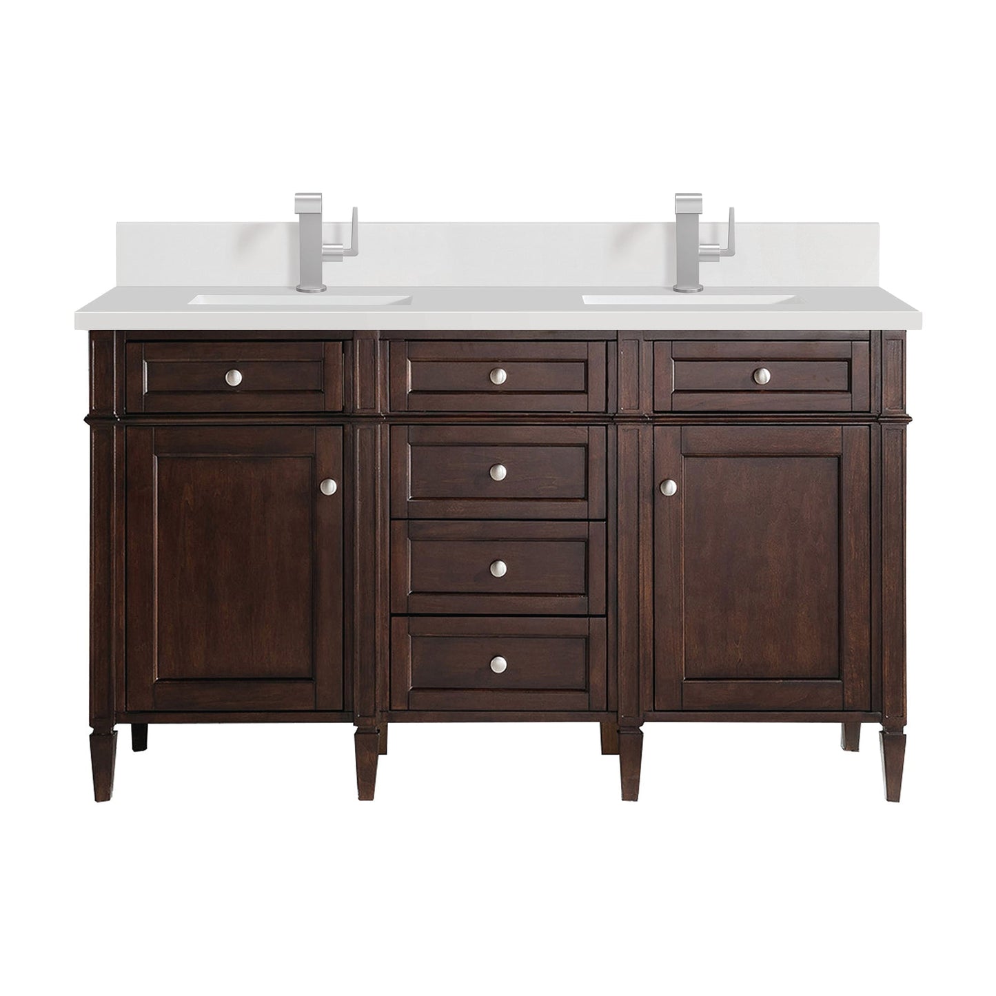 
                  
                    Brittany 60" Double Bathroom Vanity in Burnished Mahogany Double bathroom Vanity James Martin Vanities White Zeus Single Faucet Quartz Top w/Backsplash 
                  
                