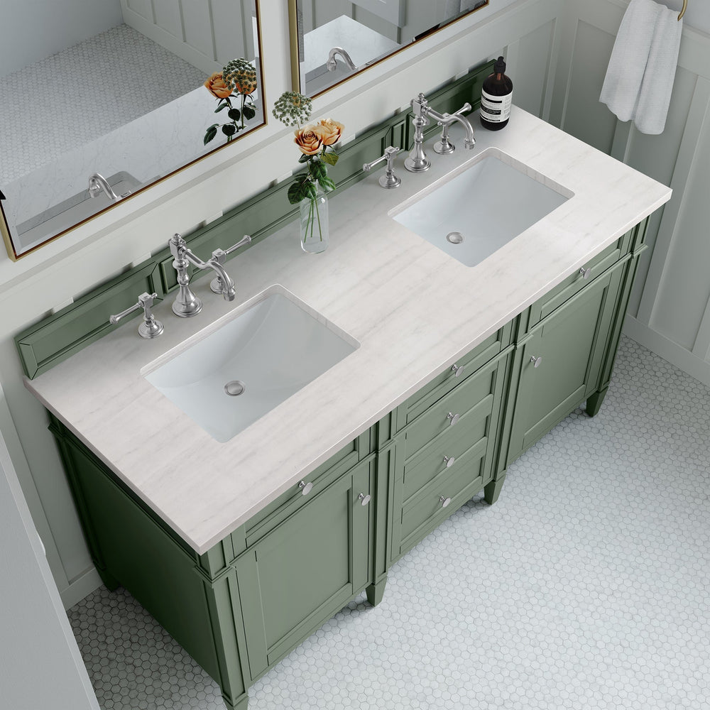 
                  
                    Brittany 60" Double Bathroom Vanity in Smokey Celadon Double bathroom Vanity James Martin Vanities Arctic Fall Solid Surface 
                  
                