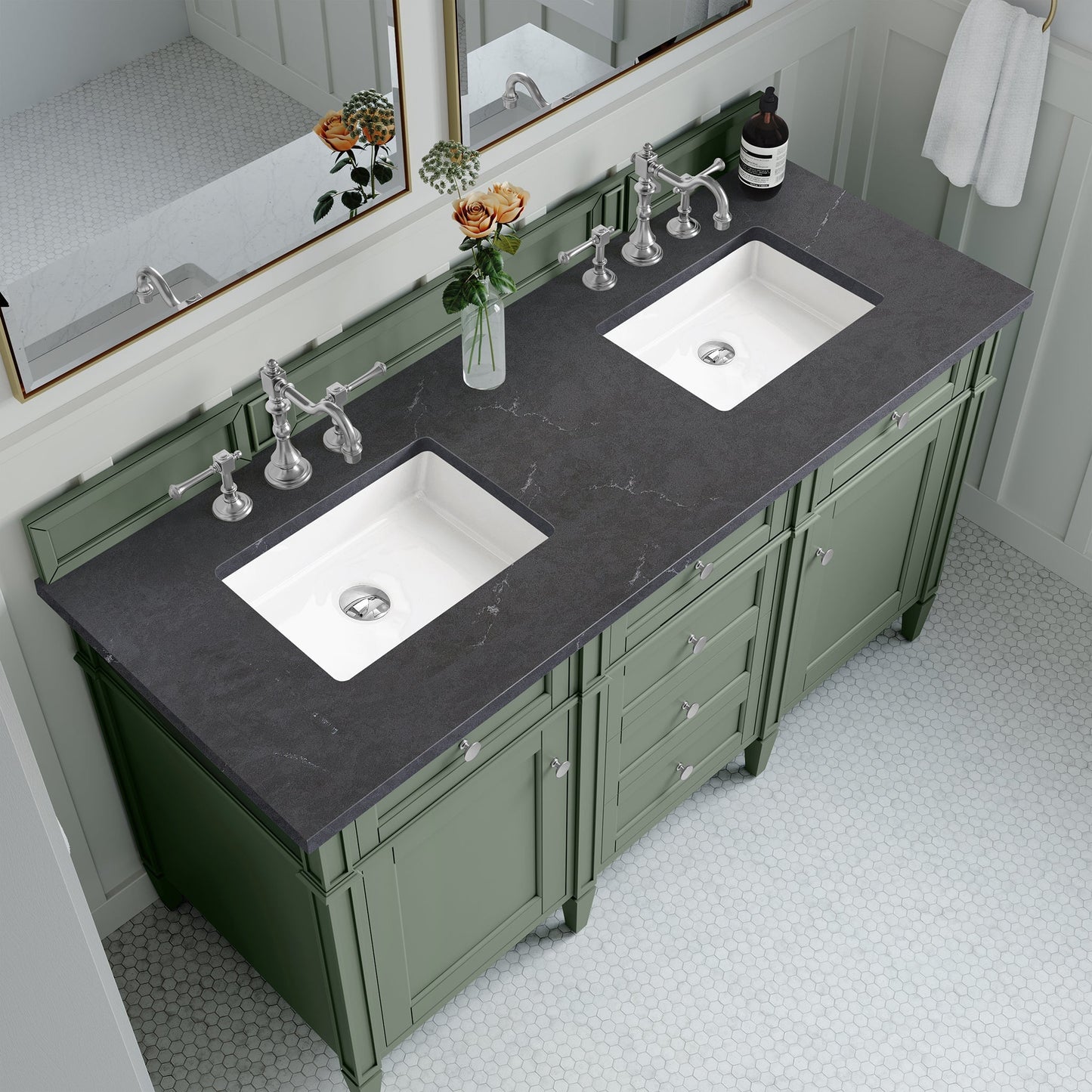 
                  
                    Brittany 60" Double Bathroom Vanity in Smokey Celadon Double bathroom Vanity James Martin Vanities Charcoal Soapstone Silestone 
                  
                