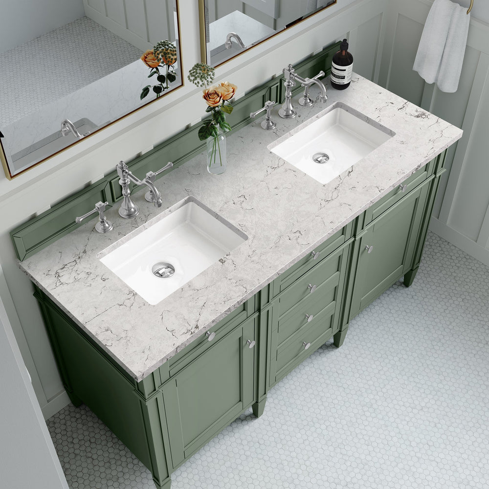 
                  
                    Brittany 60" Double Bathroom Vanity in Smokey Celadon Double bathroom Vanity James Martin Vanities Eternal Jasmine Pearl Silestone 
                  
                