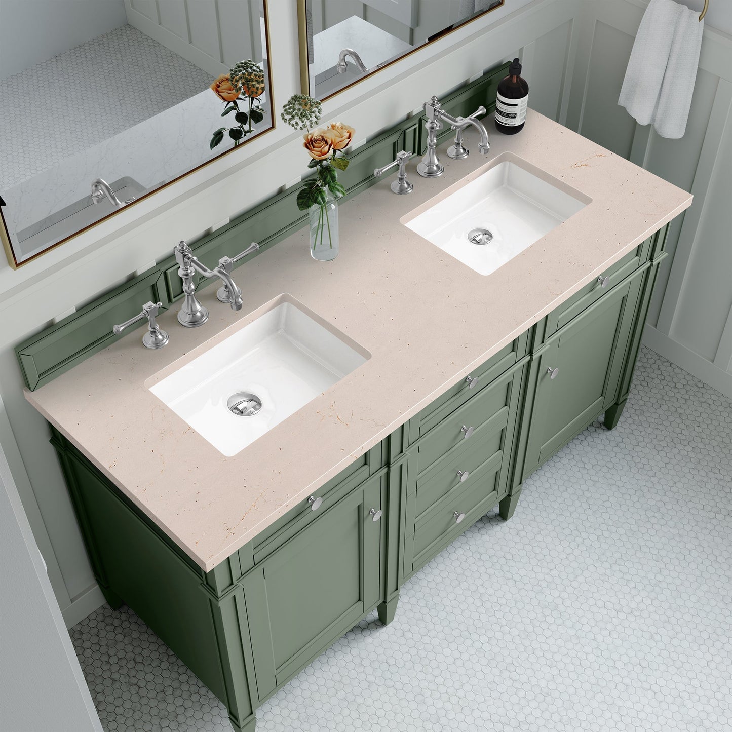 
                  
                    Brittany 60" Double Bathroom Vanity in Smokey Celadon Double bathroom Vanity James Martin Vanities Eternal Marfil Silestone 
                  
                