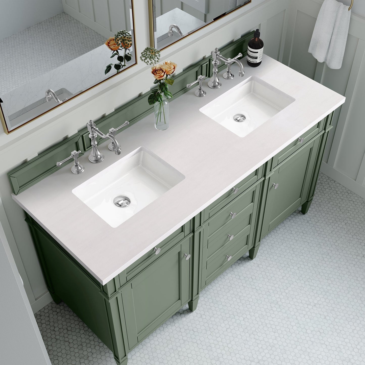 
                  
                    Brittany 60" Double Bathroom Vanity in Smokey Celadon Double bathroom Vanity James Martin Vanities White Zeus Silestone 
                  
                