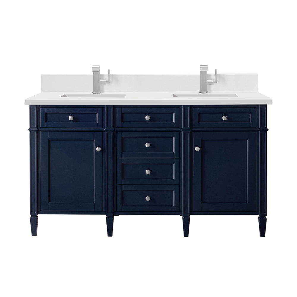 
                  
                    Brittany 60" Double Bathroom Vanity in Victory Blue Double bathroom Vanity James Martin Vanities White Zeus Single Faucet Quartz Top w/Backsplash 
                  
                