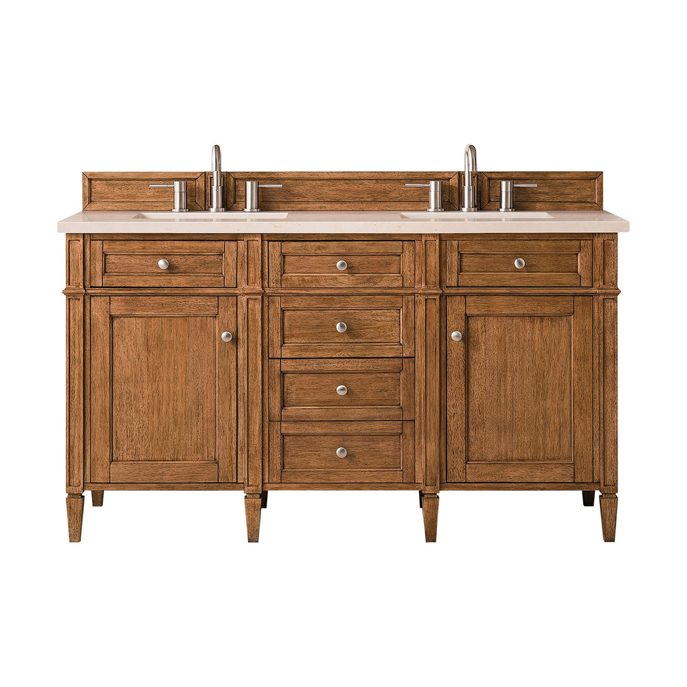 
                  
                    Brittany 60" Double Vanity Cabinet in Saddle Brown Double Bathroom Vanity James Martin Vanities Eternal Marfil Silestone 
                  
                