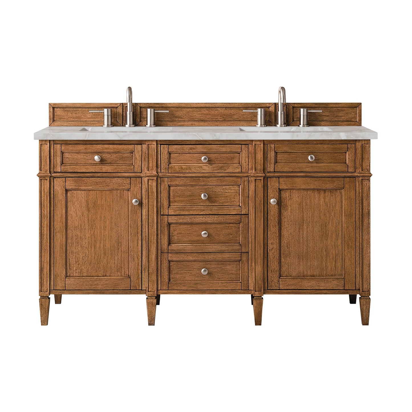 
                  
                    Brittany 60" Double Vanity Cabinet in Saddle Brown Double Bathroom Vanity James Martin Vanities Victorian Silver Silestone 
                  
                