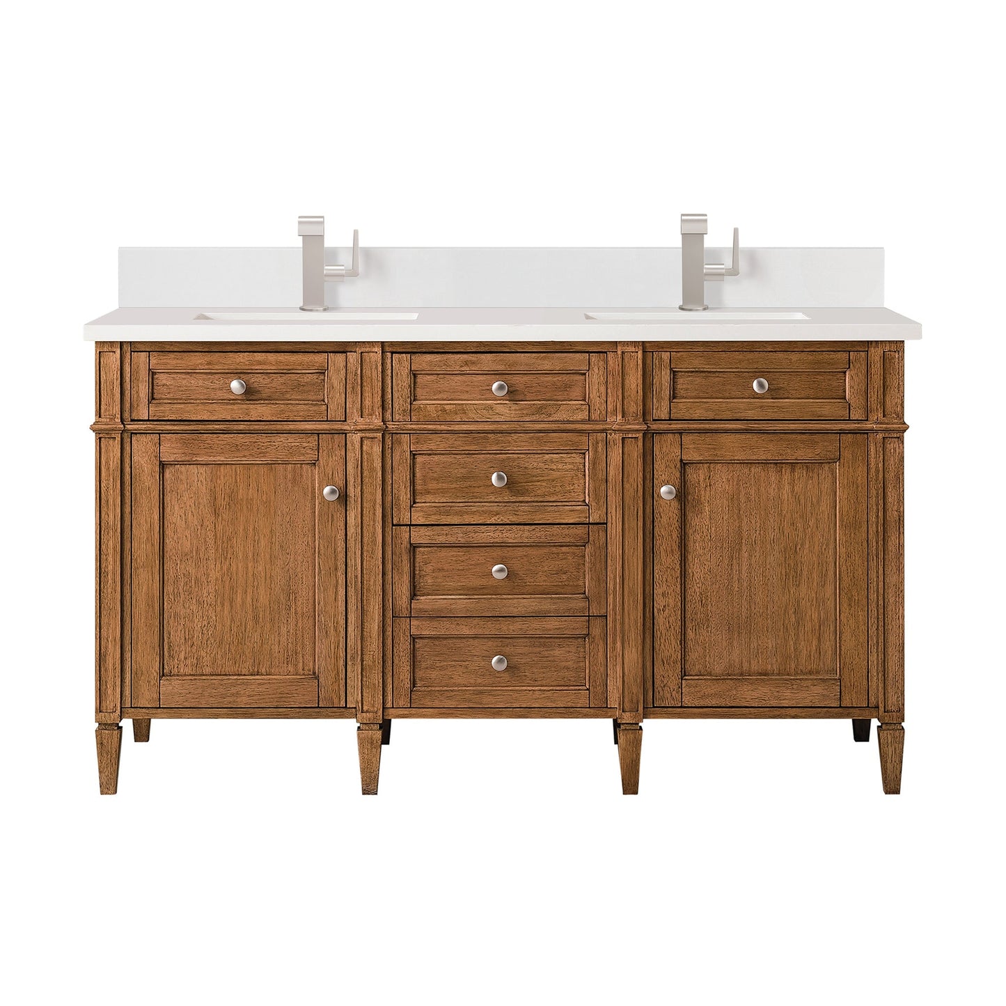 
                  
                    Brittany 60" Double Vanity Cabinet in Saddle Brown Double Bathroom Vanity James Martin Vanities White Zeus Single Faucet Silestone Top w/Backsplash 
                  
                