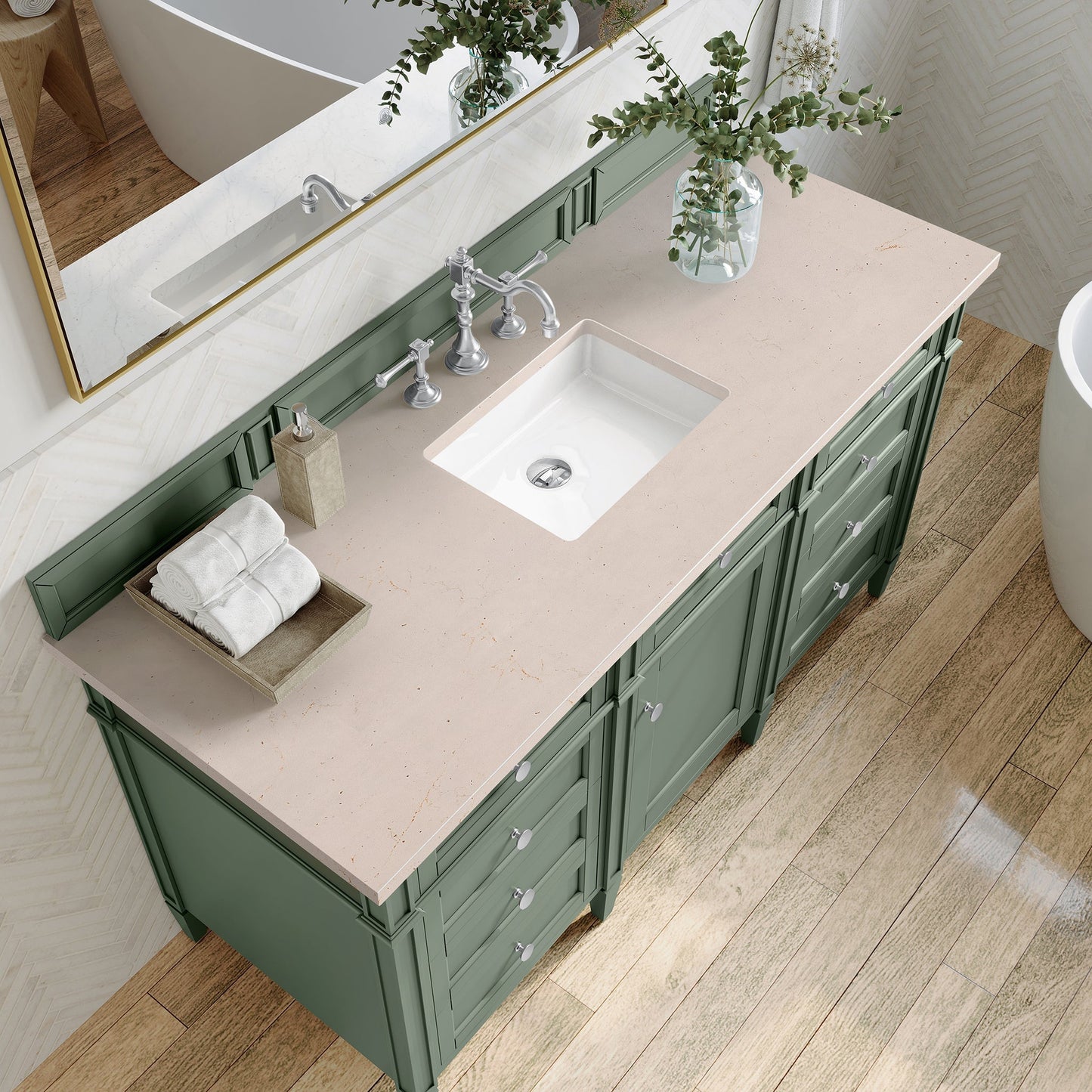 
                  
                    Brittany 60" Single Bathroom Vanity in Smokey Celadon Single Bathroom Vanity James Martin Vanities Eternal Marfil Silestone 
                  
                