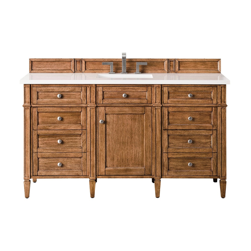 
                  
                    Brittany 60" Single Vanity Cabinet in Saddle Brown Single Bathroom Vanity James Martin Vanities White Zeus Silestone 
                  
                