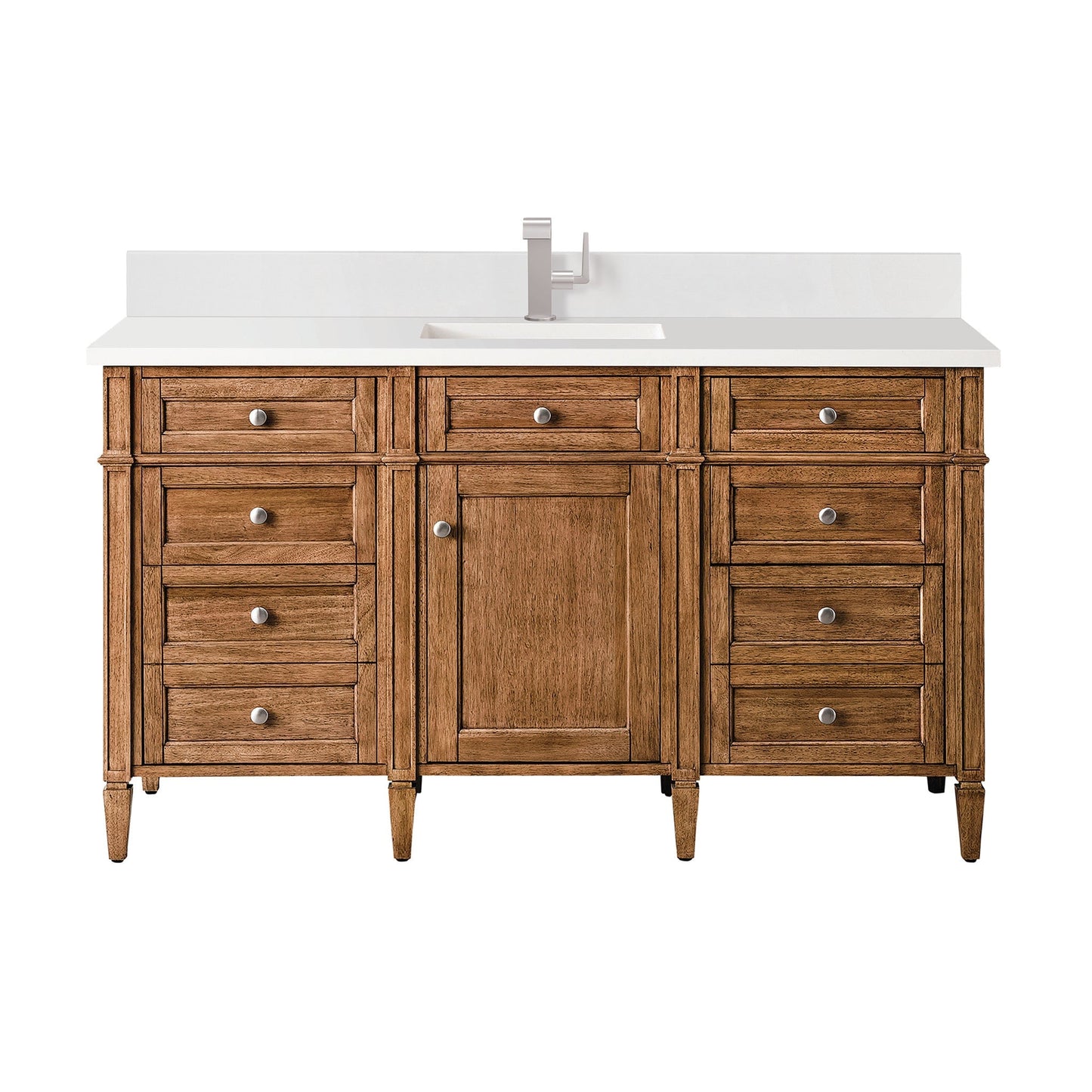 
                  
                    Brittany 60" Single Vanity Cabinet in Saddle Brown Single Bathroom Vanity James Martin Vanities White Zeus Single Faucet Quartz Top w/Backsplash 
                  
                