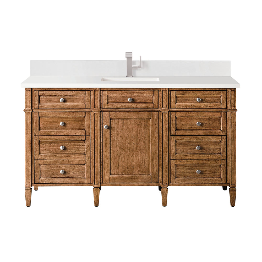 
                  
                    Brittany 60" Single Vanity Cabinet in Saddle Brown Single Bathroom Vanity James Martin Vanities White Zeus Single Faucet Silestone Top w/Backsplash 
                  
                