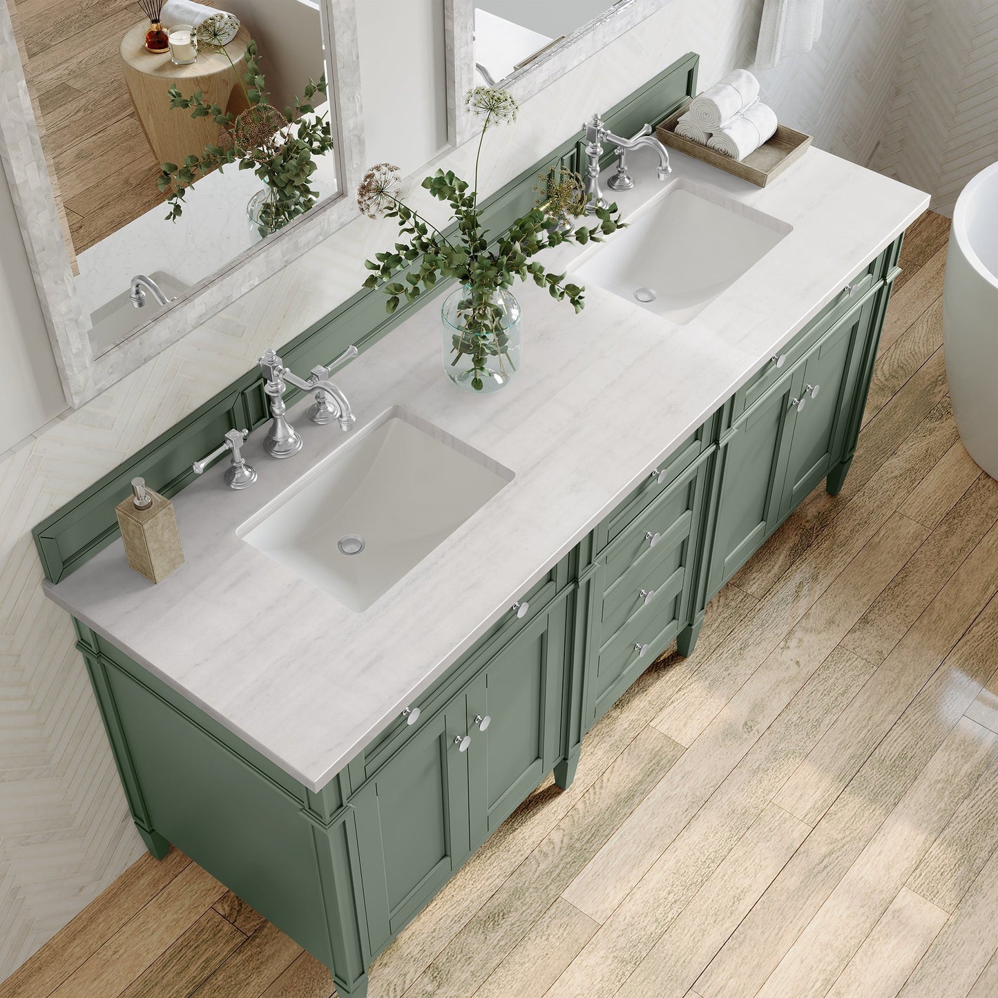 
                  
                    Brittany 72" Double Bathroom Vanity in Smokey Celadon Double bathroom Vanity James Martin Vanities Arctic Fall Solid Surface 
                  
                