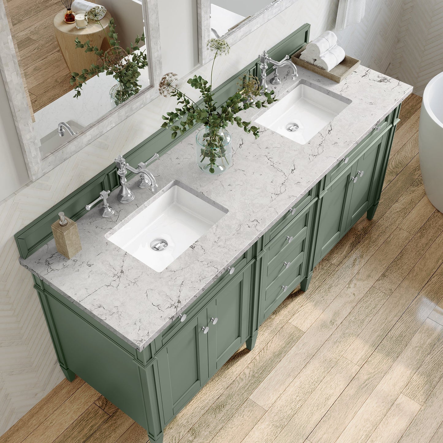 
                  
                    Brittany 72" Double Bathroom Vanity in Smokey Celadon Double bathroom Vanity James Martin Vanities Eternal Jasmine Pearl Silestone 
                  
                