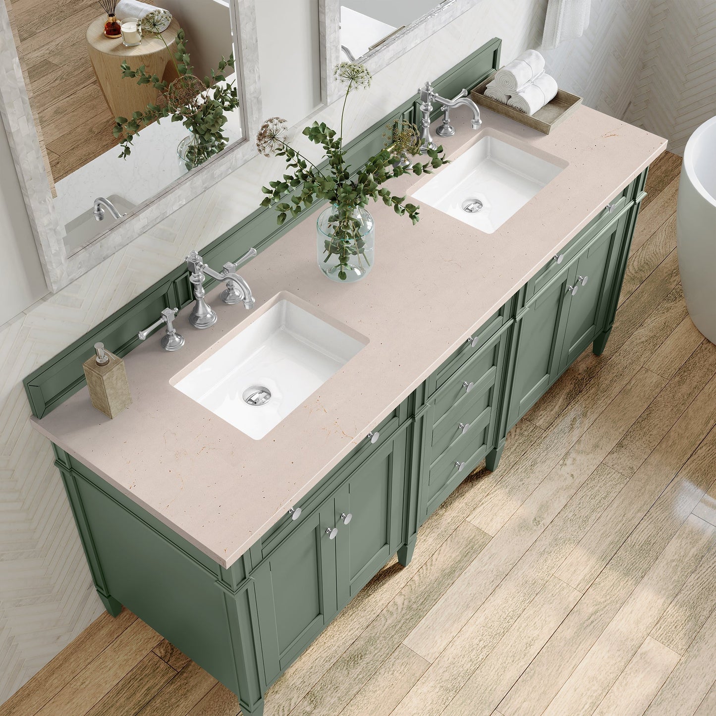 
                  
                    Brittany 72" Double Bathroom Vanity in Smokey Celadon Double bathroom Vanity James Martin Vanities Eternal Marfil Silestone 
                  
                