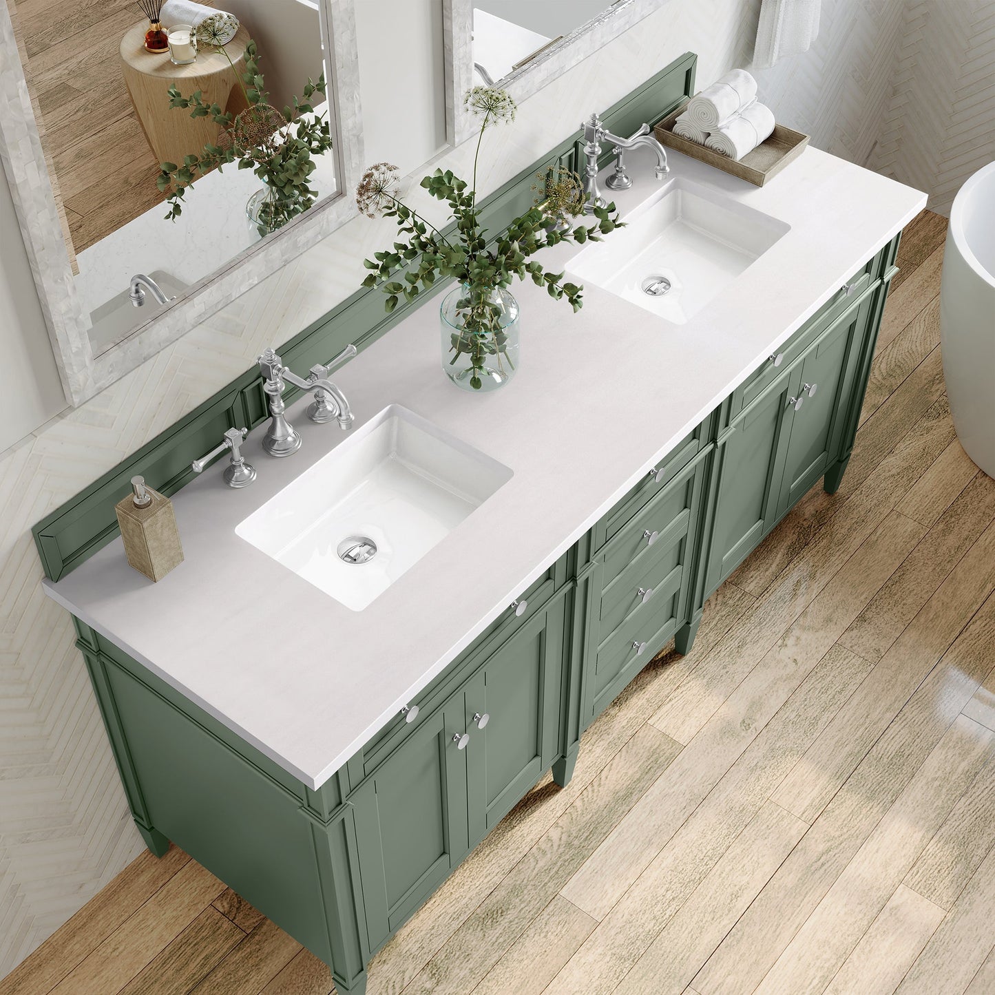 
                  
                    Brittany 72" Double Bathroom Vanity in Smokey Celadon Double bathroom Vanity James Martin Vanities White Zeus Silestone 
                  
                