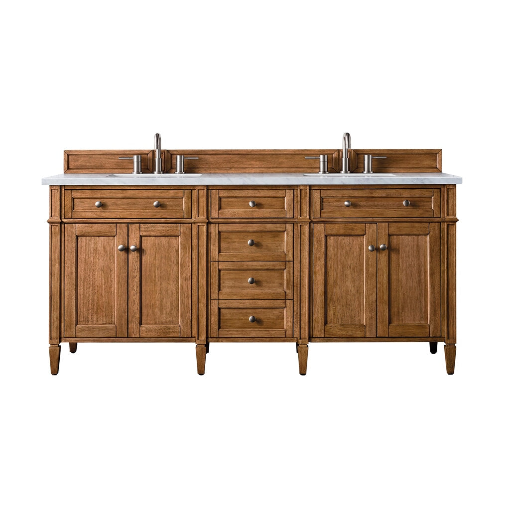 
                  
                    Brittany 72" Double Vanity Cabinet in Saddle Brown Double Bathroom Vanity James Martin Vanities Eternal Jasmine Pearl Silestone 
                  
                