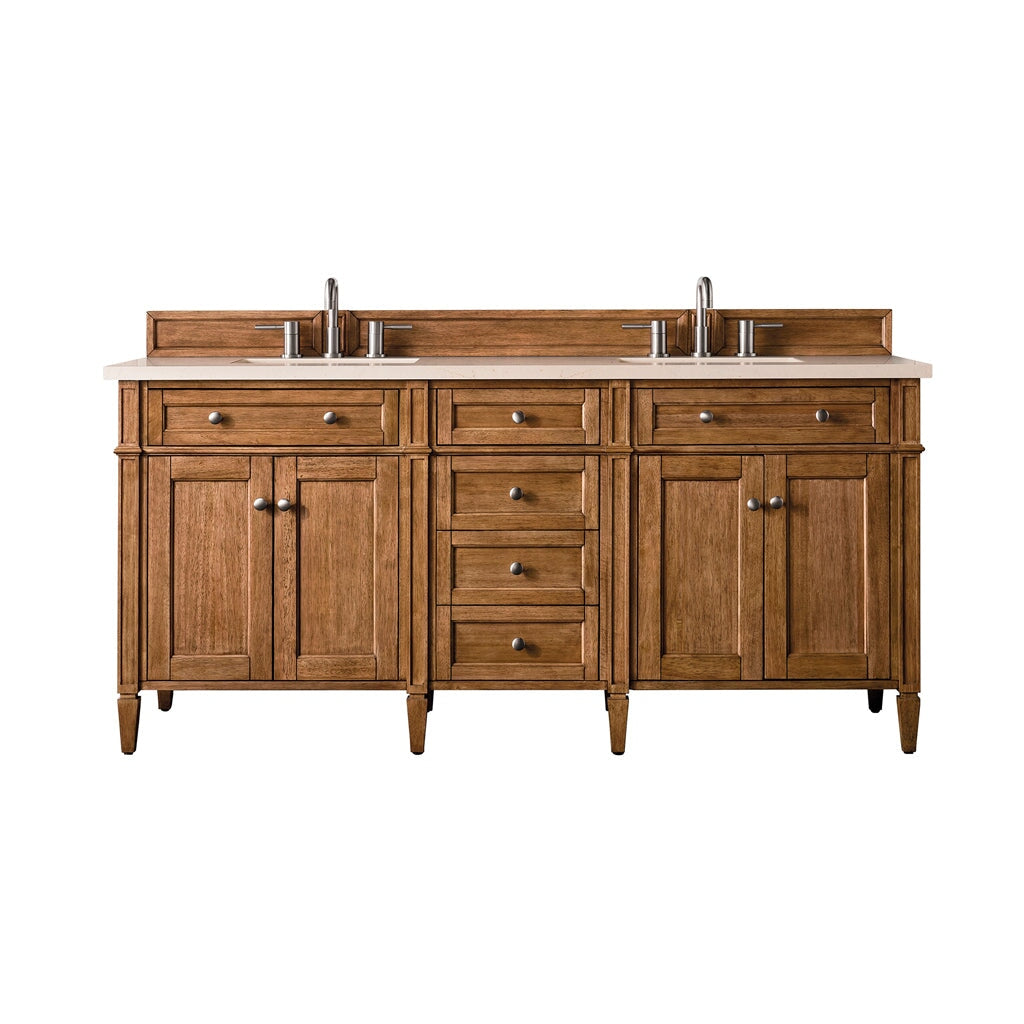 
                  
                    Brittany 72" Double Vanity Cabinet in Saddle Brown Double Bathroom Vanity James Martin Vanities Eternal Marfil Silestone 
                  
                