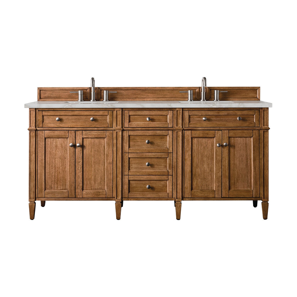 
                  
                    Brittany 72" Double Vanity Cabinet in Saddle Brown Double Bathroom Vanity James Martin Vanities Victorian Silver Silestone 
                  
                