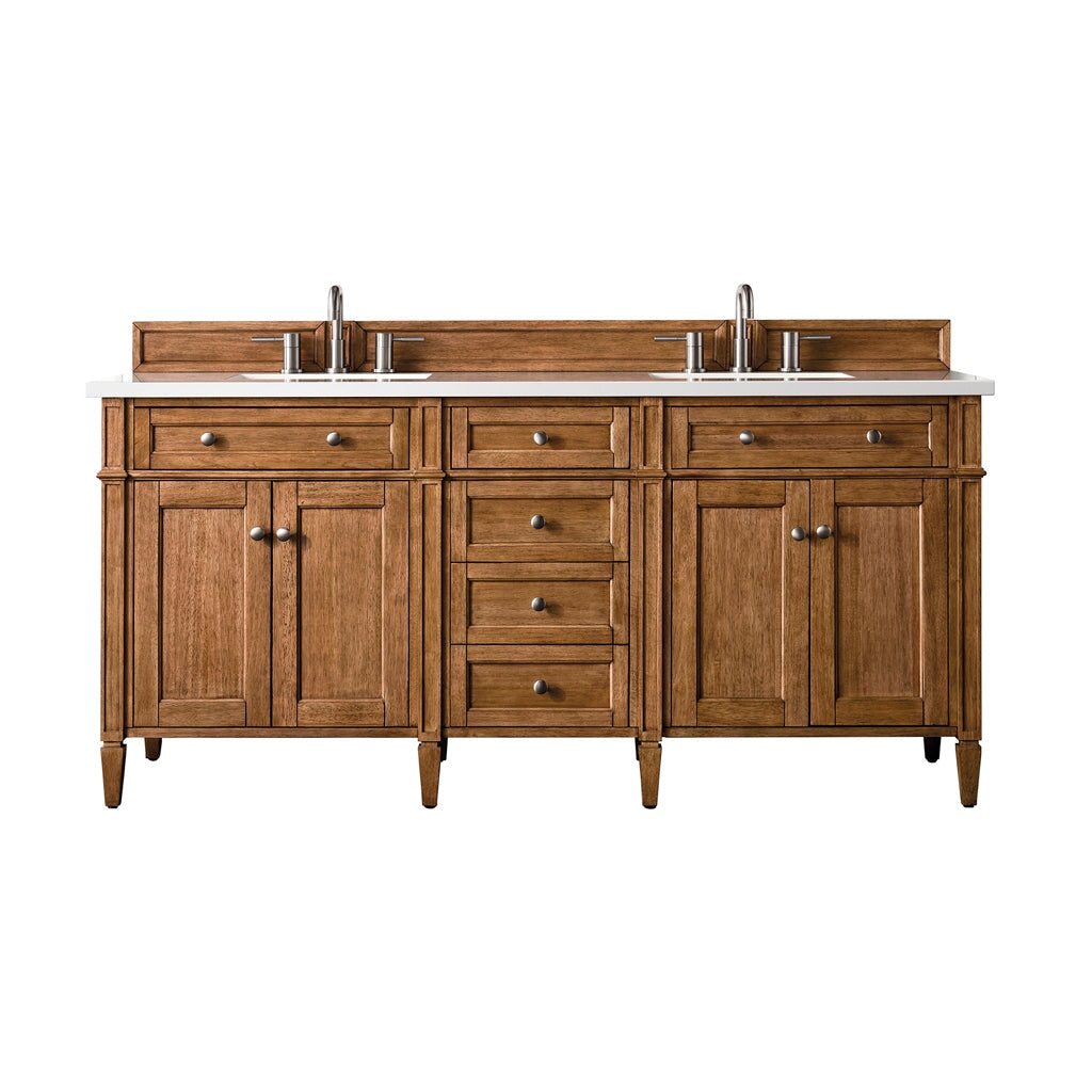 
                  
                    Brittany 72" Double Vanity Cabinet in Saddle Brown Double Bathroom Vanity James Martin Vanities White Zeus Silestone 
                  
                