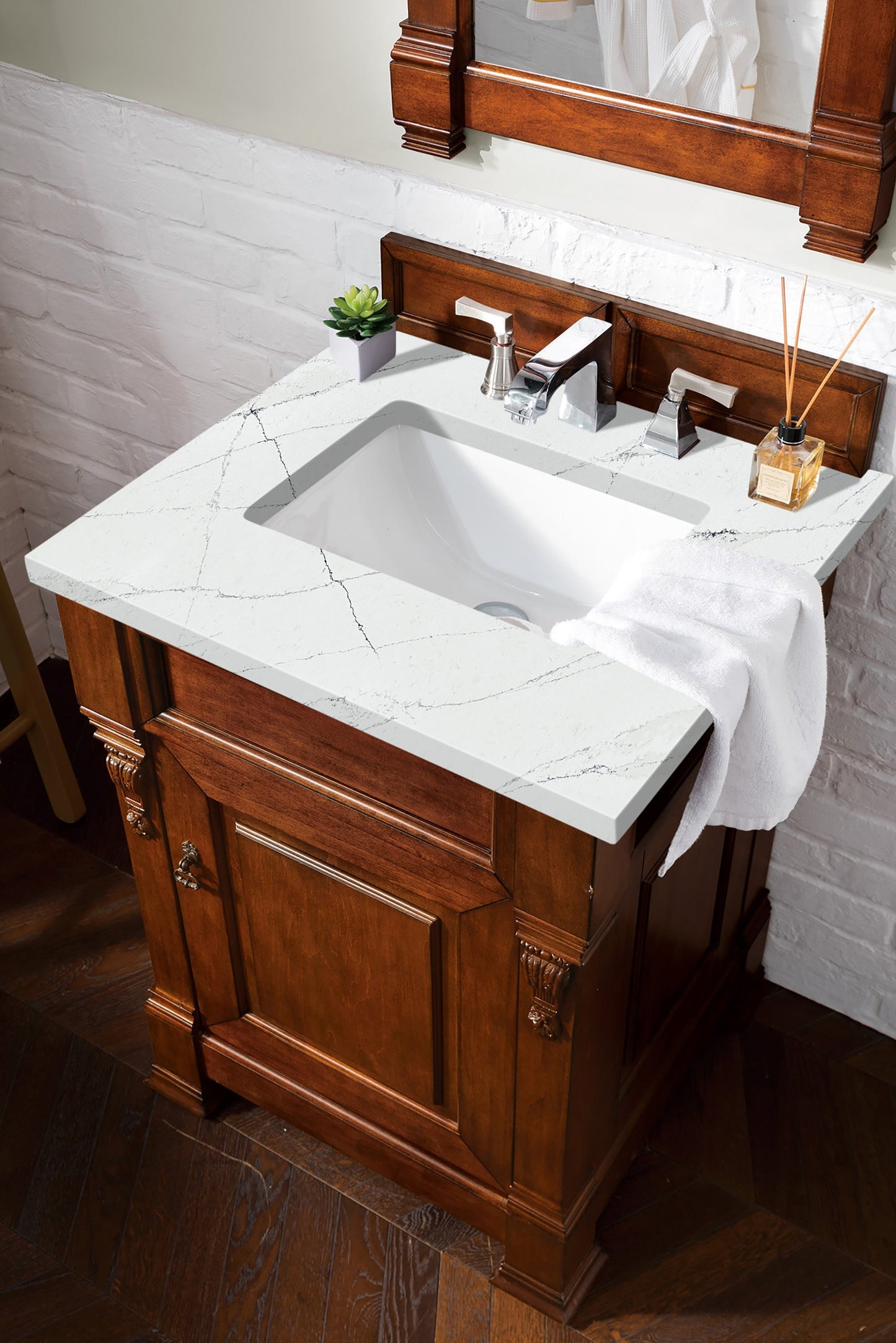 
                  
                    Brookfield 26" Single Bathroom Vanity in Warm Cherry Single Bathroom Vanity James Martin Vanities Ethereal Noctis Quartz 
                  
                