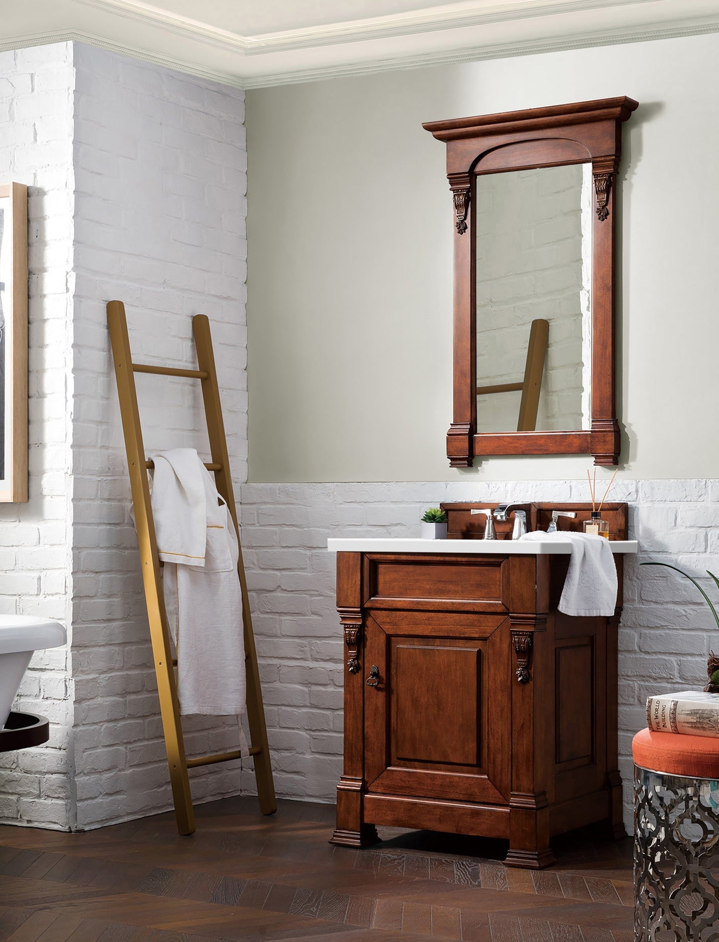 
                  
                    Brookfield 26" Single Bathroom Vanity in Warm Cherry Single Bathroom Vanity James Martin Vanities White Zeus Quartz 
                  
                