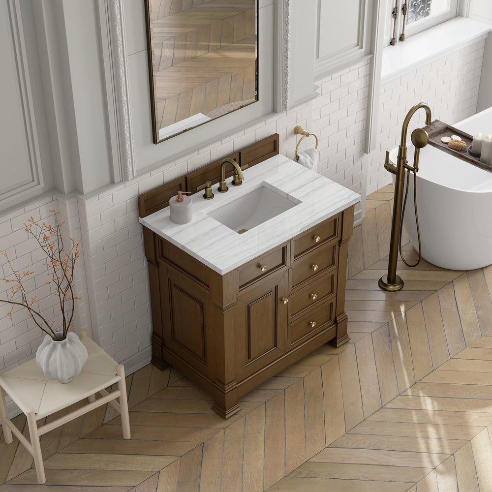 
                  
                    Brookfield 36" Single Vanity in Honey Oak Single Bathroom Vanity James Martin Vanities Arctic Fall Solid Surface 
                  
                