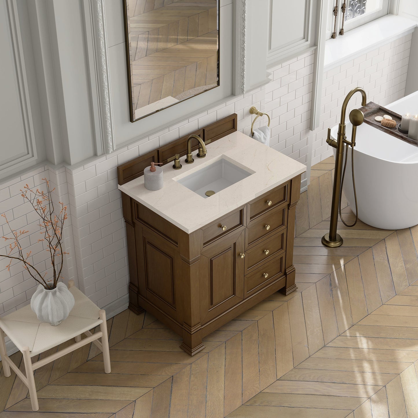 
                  
                    Brookfield 36" Single Vanity in Honey Oak Single Bathroom Vanity James Martin Vanities Eternal Marfil Silestone 
                  
                